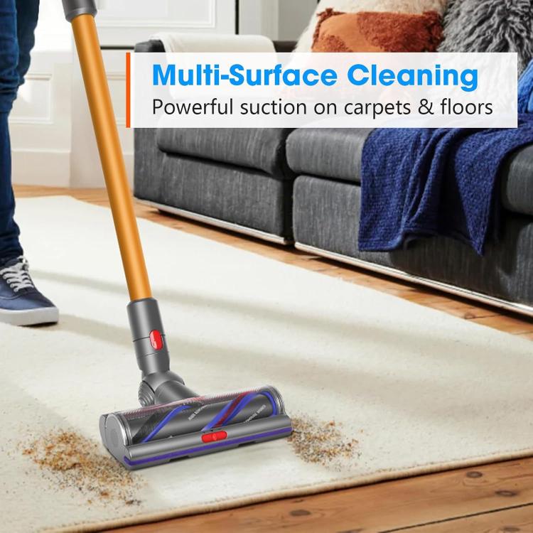 Gray vacuum brush head with purple edge and red button for multi-surface cleaning