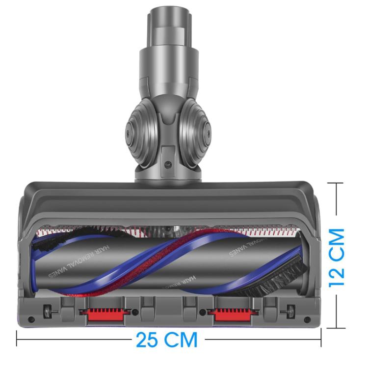 Vacuum brush head with exposed roller, gray body, purple trim, red settings