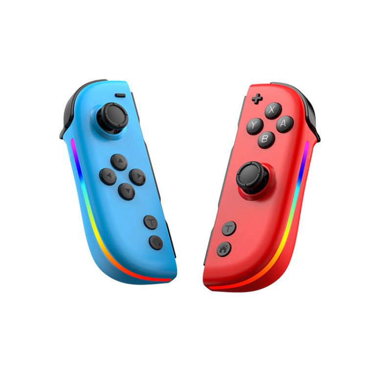 Blue and red split joy-con controllers with rainbow RGB light accents