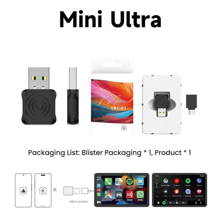 Car wireless CarPlay/Android Auto adapter box with USB connectors, compact black design