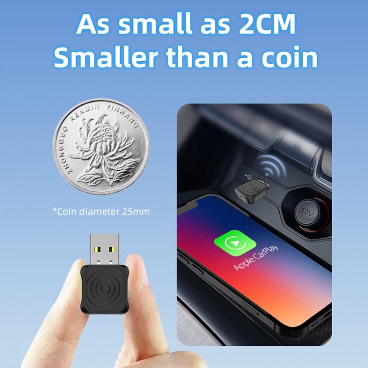 Small black wireless CarPlay/Android Auto adapter with circular logo and USB plug