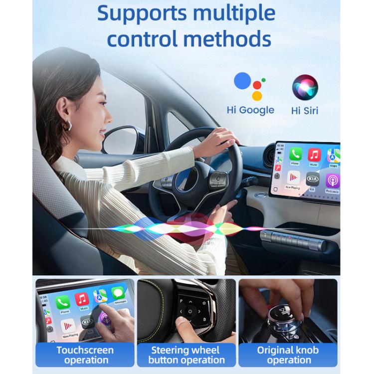 Black wireless CarPlay/Android Auto adapter with touch control icons and USB connector