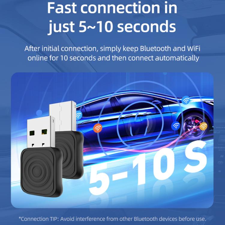 Black wireless CarPlay/Android Auto adapter with USB-A plug for fast connection