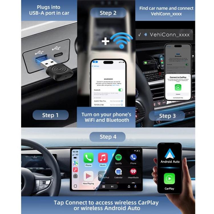 Black wireless CarPlay/Android Auto adapter showing USB plug and phone connection steps