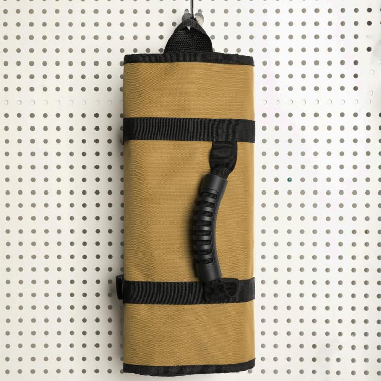 Tan rolled tool storage sleeve with black elastic bands and hanging loop