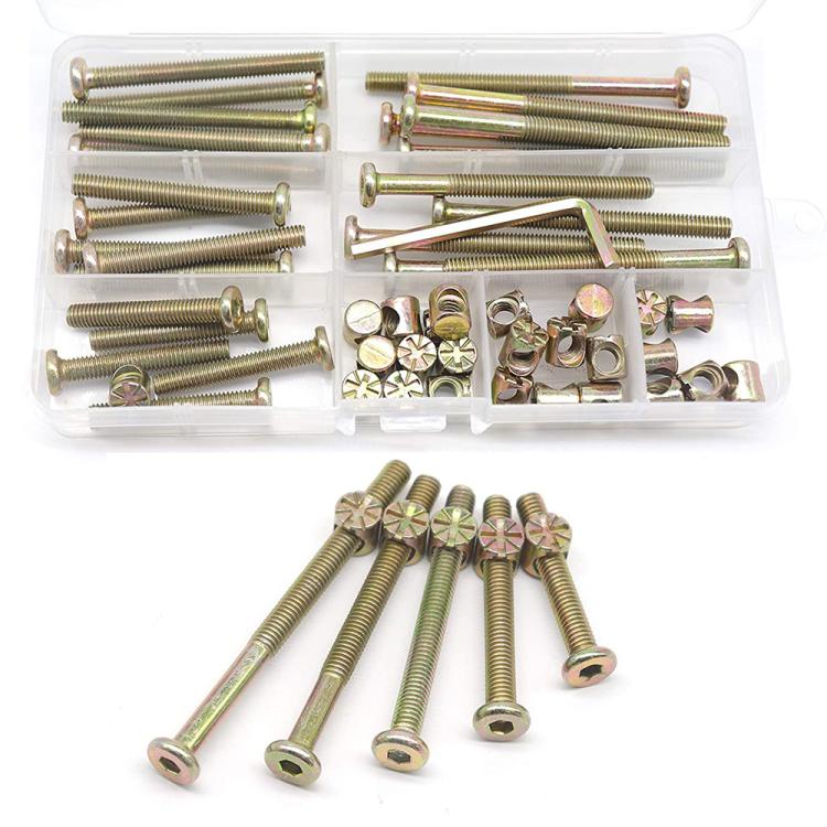 Gold zinc-plated hex socket round head screws set, with hex nuts in organizer