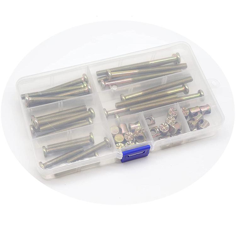 Gold zinc-plated hex socket round head screws and hex nuts in clear organizer