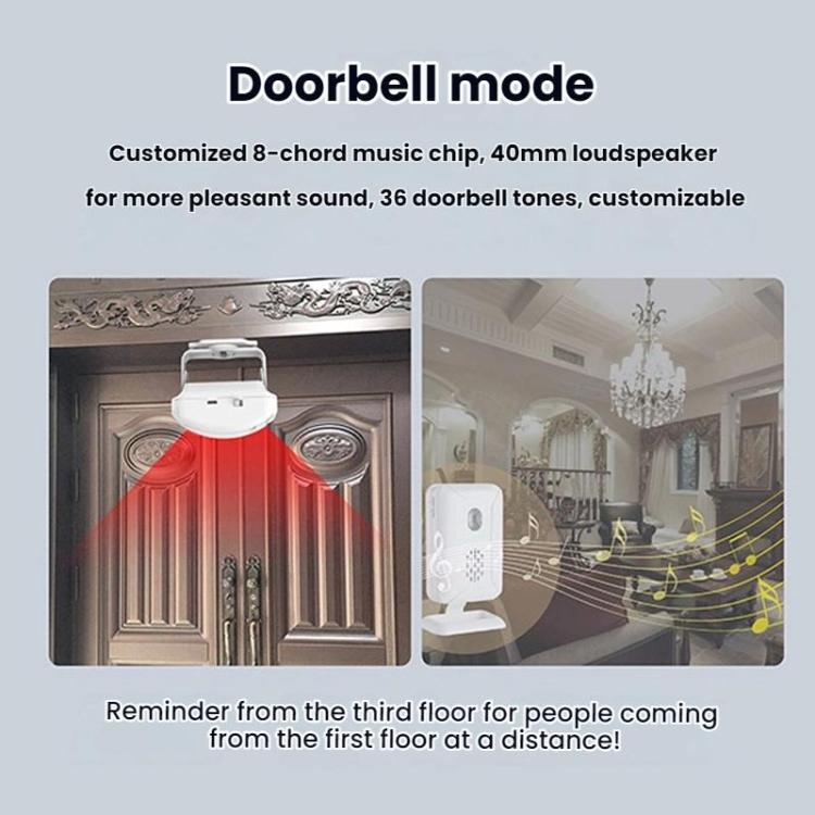 Wireless infrared doorbell receiver with speaker grille, doorbell mode sound illustrations