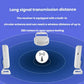 White wireless infrared doorbell receiver with transmitter modules, long-range signal diagram