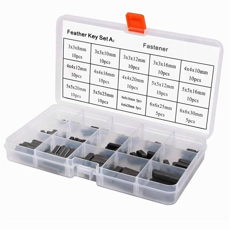 Feather pin key set in clear plastic organizer with orange latch, various pin sizes