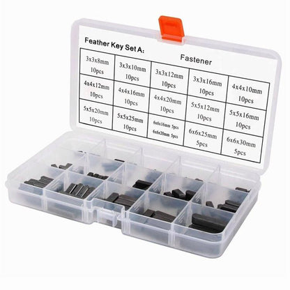 Feather pin key set in clear plastic organizer with orange latch, various pin sizes