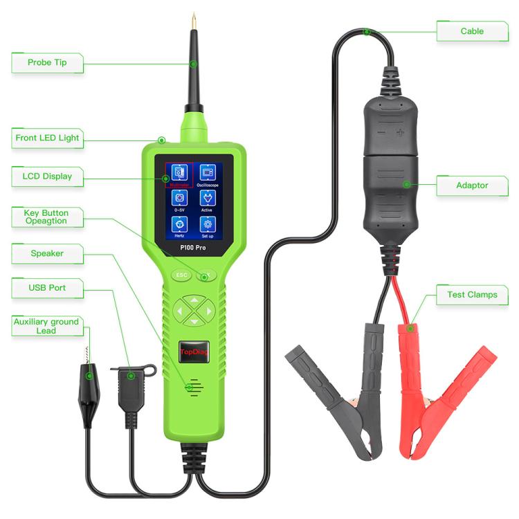 Handheld automotive circuit tester with LCD screen and connected cables, adapter, and clamps