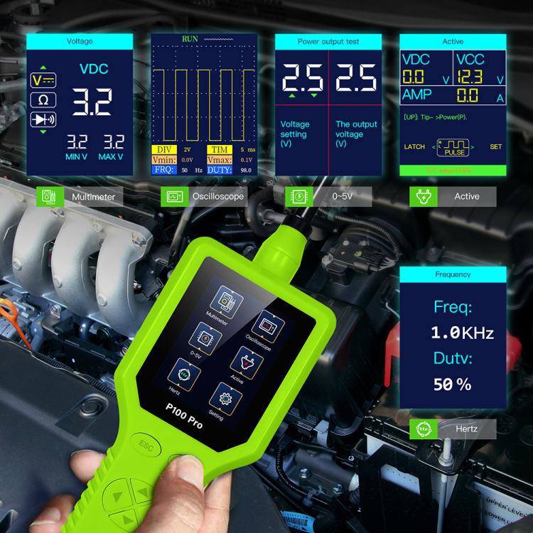 Green handheld automotive circuit tester with LCD screen held near engine components