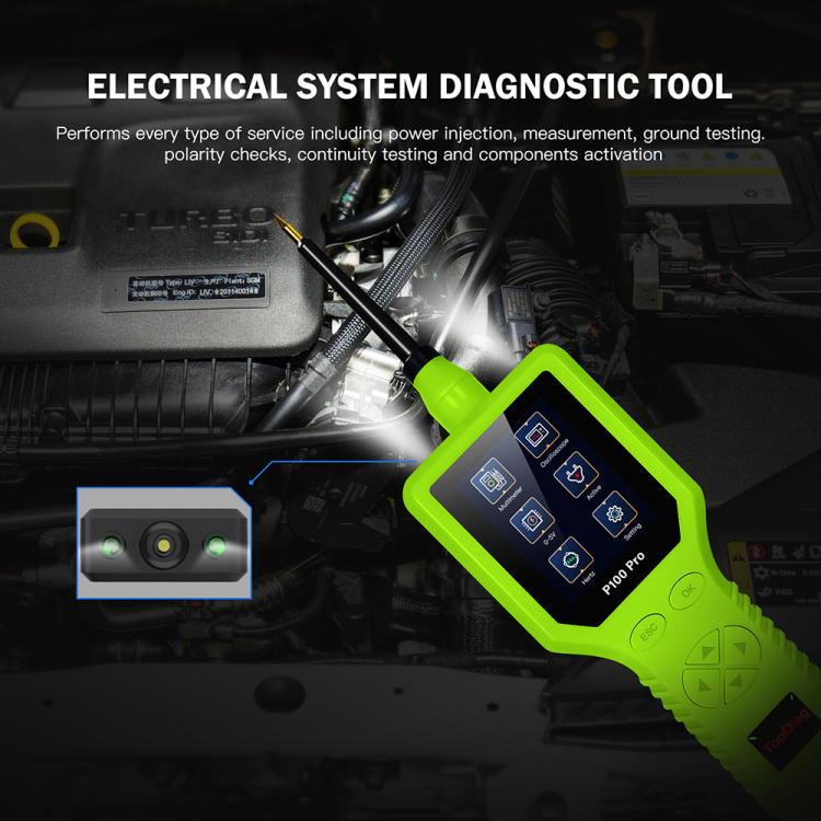 Handheld automotive circuit tester with green body and LCD display, viewed at an angle