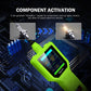 Green automotive circuit tester with LCD screen, positioned over electronic circuit board