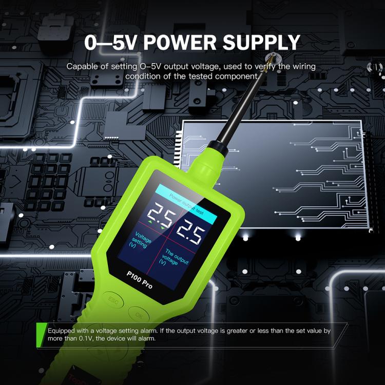Handheld automotive circuit tester with LCD screen and stylus probe, over circuit traces