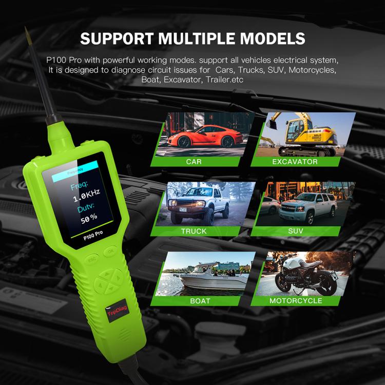 Green handheld automotive circuit tester with LCD screen, with accessory cable attached