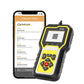 Handheld TP02 engine diagnostic tester next to phone displaying a diagnostic report