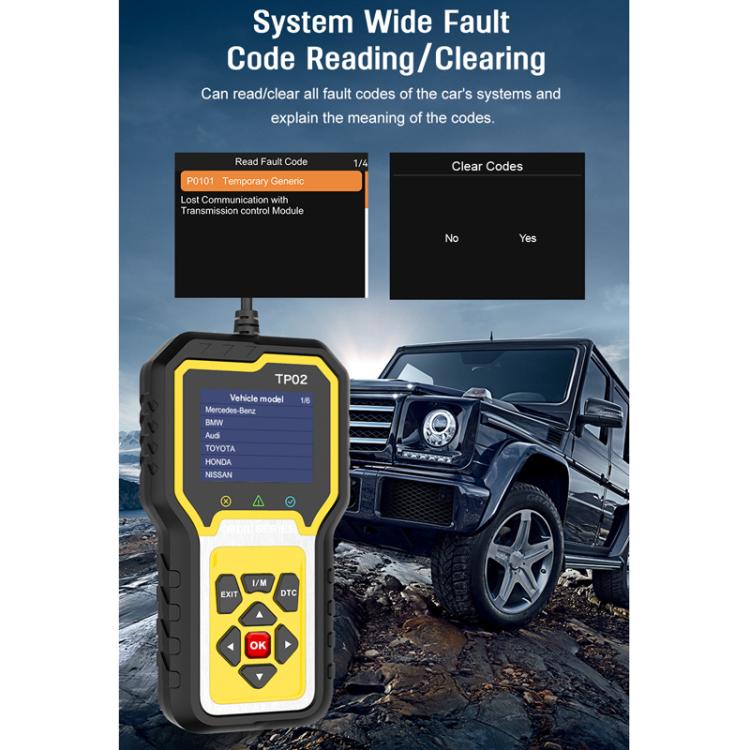 TP02 engine diagnostic tester showing system read/clear codes menu and OK buttons