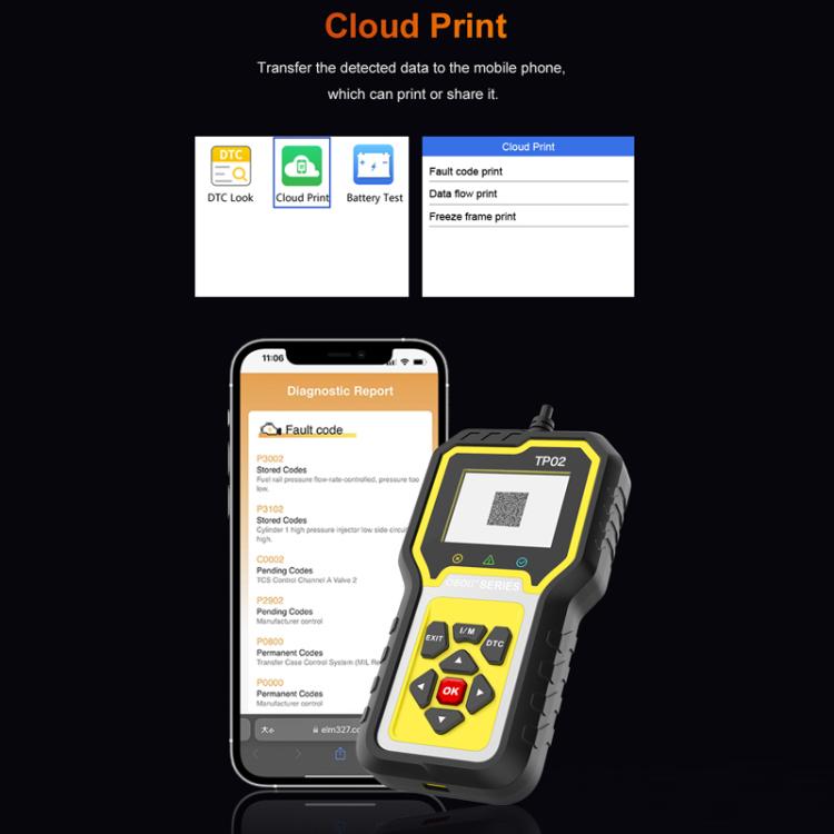 TP02 engine diagnostic tester beside cloud print and fault code result screen