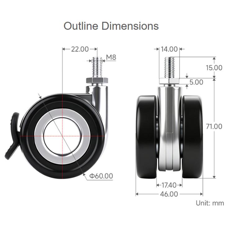 60mm hollow caster wheel with brake, shown with dimensional outline and threaded stem