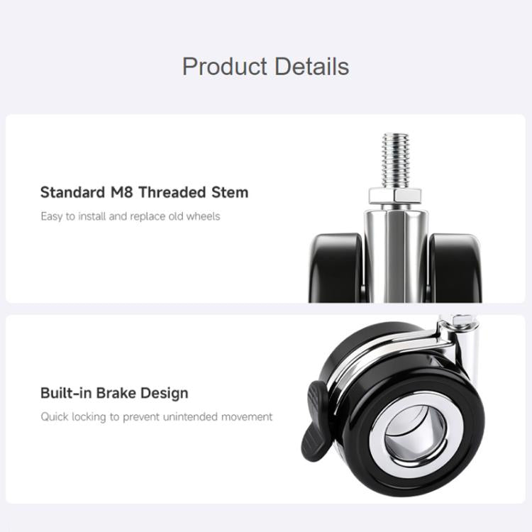 Hollow caster wheel with M8 threaded stem and built-in brake lever, black and chrome
