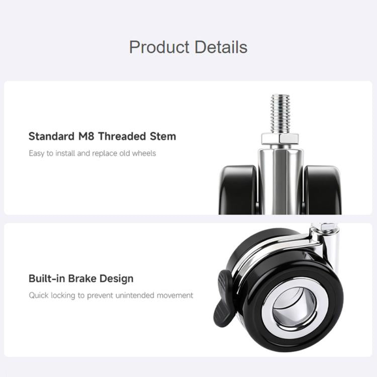 Close-up hollow caster wheel with built-in brake lever, M8 threaded stem, black and chrome