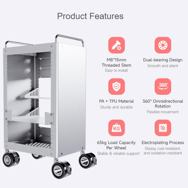 Caster wheels for equipment frames, pictured on a rolling cabinet with black brake wheels
