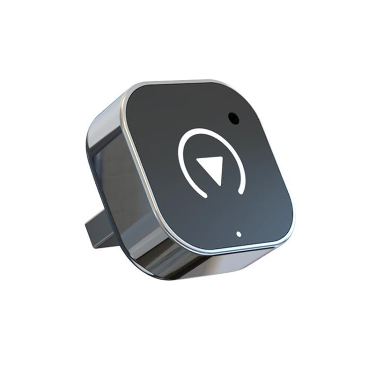 Mini square CarPlay wireless adapter with clip, dark face and white arrow icon.