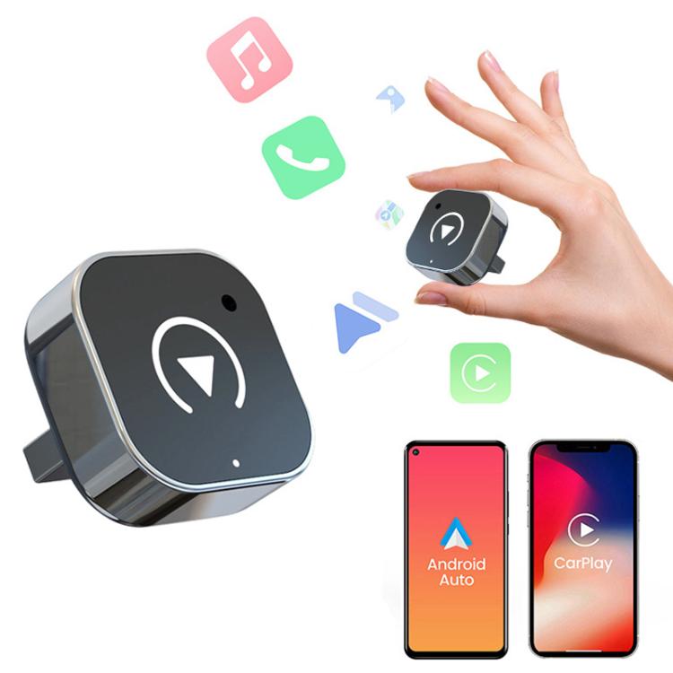 Mini square CarPlay wireless adapter in hand, dark face with white arrow icon and pinhole.