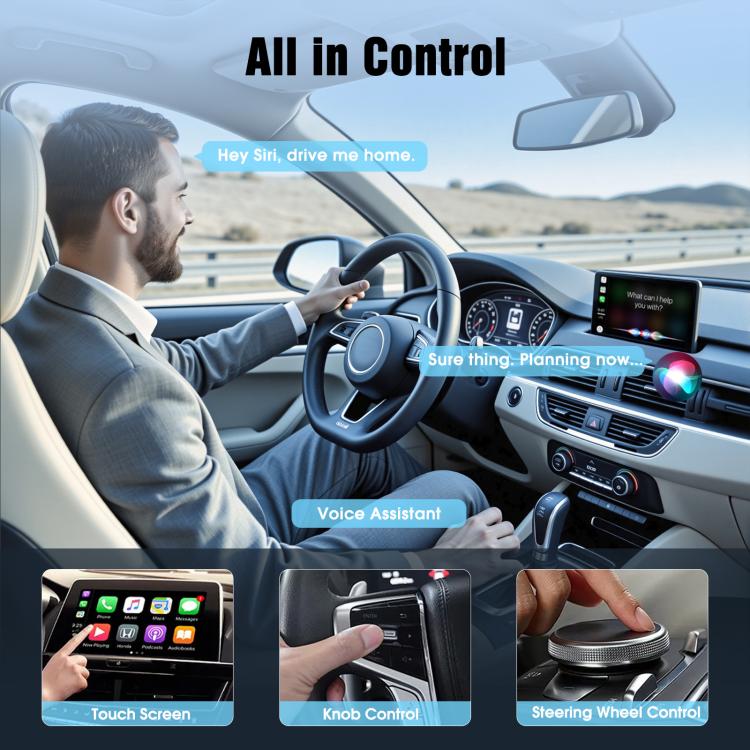 Mini square CarPlay wireless adapter mounted near dashboard vent, white arrow symbol.