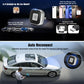 Dashboard-mounted mini square CarPlay wireless adapter with white arrow icon and glow ring.