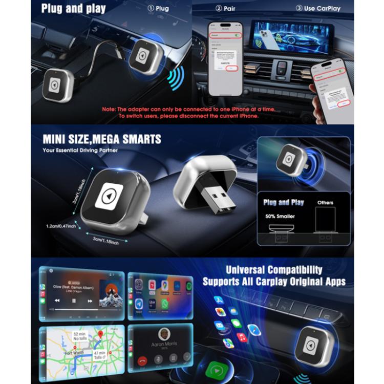 Mini square CarPlay wireless adapter with USB plug, compact black-and-silver design.