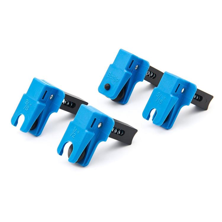 Assorted blue brake hose sealing clamps with black base and metal latch pins