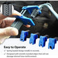 Blue brake hose sealing clamp tool held in hand with black jaw and metal fastener