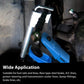 Blue brake hose sealing clamp tool in place on brake line with black jaw and lever