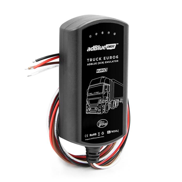 Black adBlue OBD2 truck emulator diagnostic tool with attached red, blue, and black wires