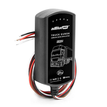 Black adBlue OBD2 truck emulator diagnostic tool with attached red, blue, and black wires