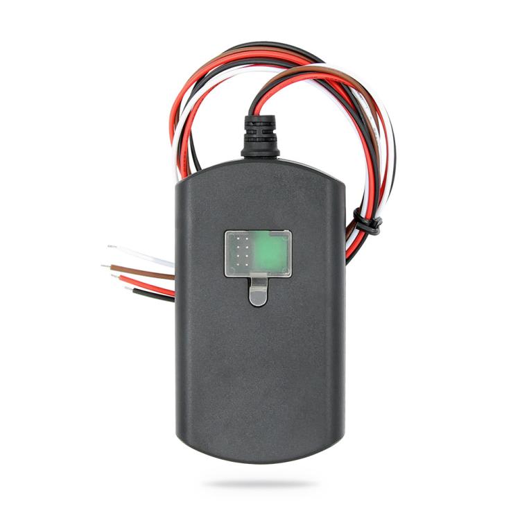 Black cylindrical adBlue OBD2 emulator with small green display window and multicolor wires