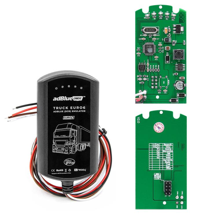 adBlue OBD2 truck emulator with two green circuit boards and attached multicolor wires