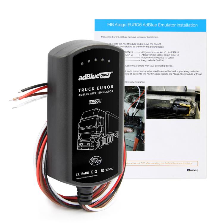 Black adBlue OBD2 truck emulator with installation instruction sheet