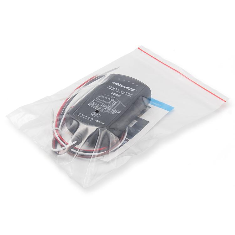 Black adBlue OBD2 truck emulator in sealed plastic bag with bundled wires