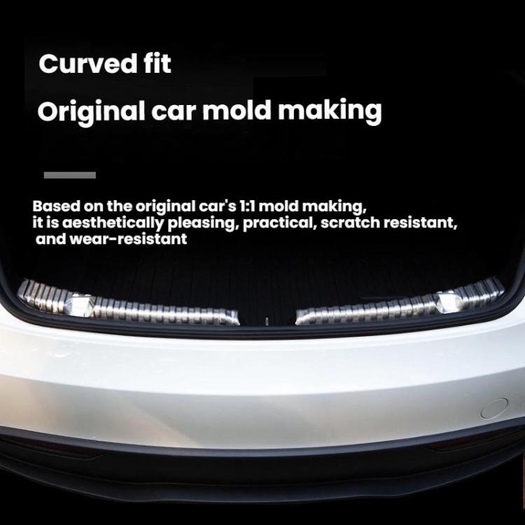 Curved-fit stainless steel trunk sill guard for car opening, silver ribbed surface