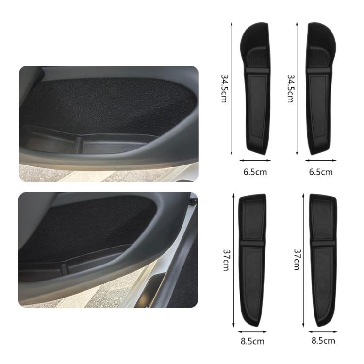 Black door slot storage boxes showing dimensions and four-piece set