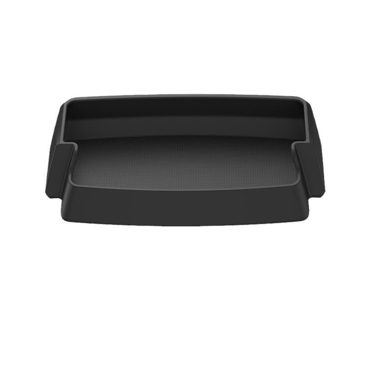 Center console armrest storage box, dark matte black tray with open compartment