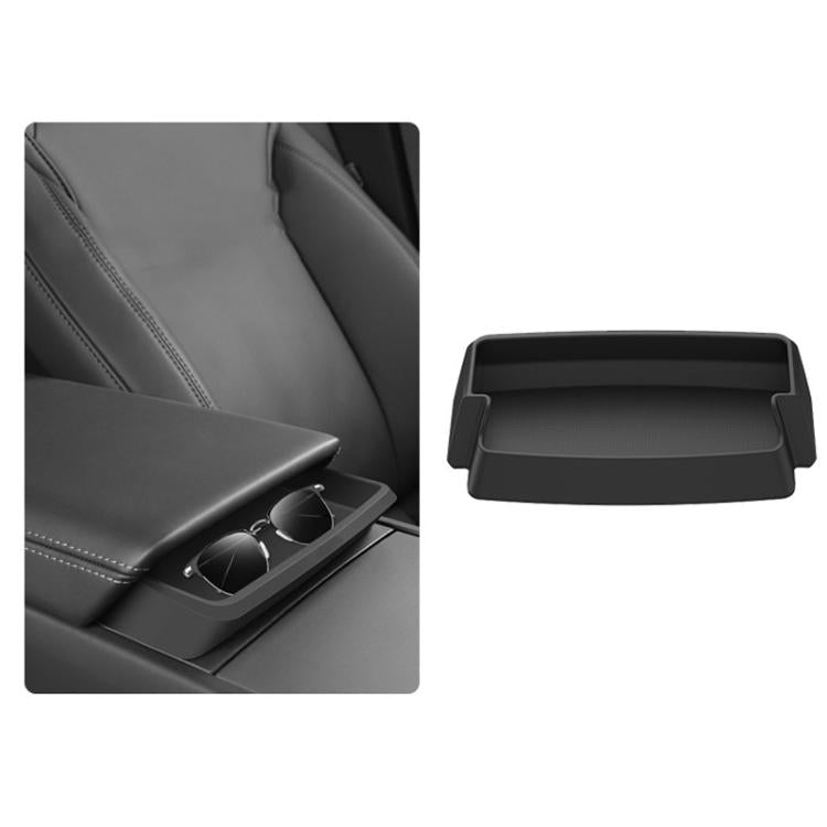 Car armrest storage box with two small cup/slot openings, dark matte black