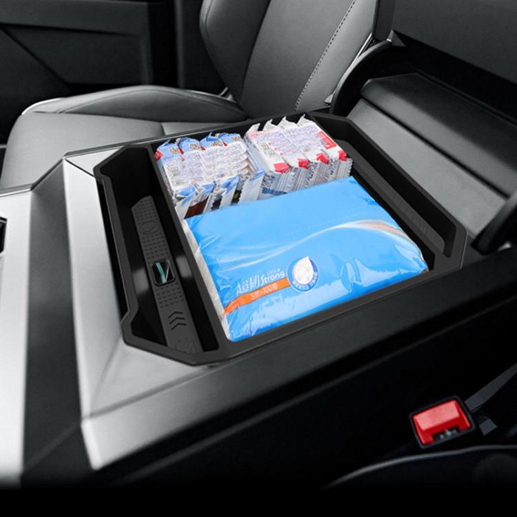 Center console storage box for Tesla Cybertruck holding supplies, black molded tray