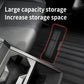 Front seat storage bin with open compartments and tall side walls for larger items