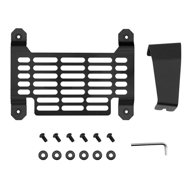Black perforated license plate mounting frame kit with brackets, screws, and hex tool