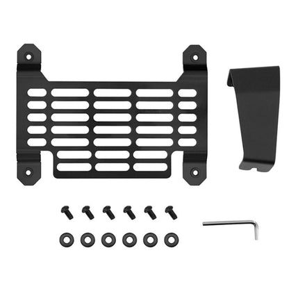 Black perforated license plate mounting frame kit with brackets, screws, and hex tool
